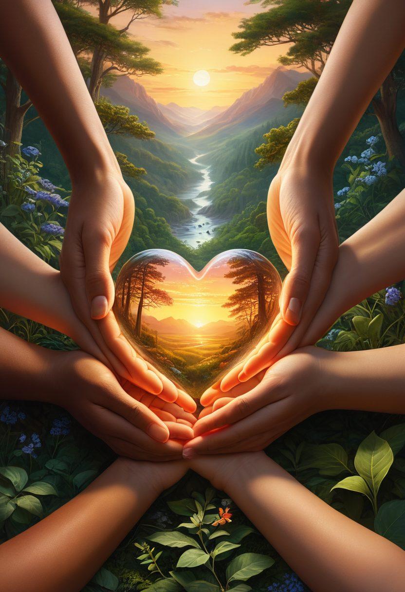 A serene landscape featuring two hands gently holding a glowing heart symbolizing emotional resilience, with a backdrop of diverse people connecting and supporting each other. Incorporate elements of insurance like shields and safe havens intertwined with nature. The atmosphere should convey warmth and safety. super-realistic. vibrant colors. soothing background.