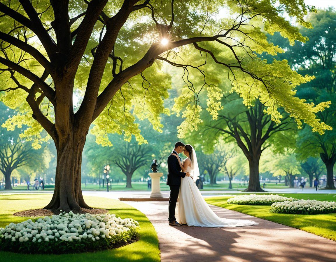 A romantic setting featuring a couple exchanging vows intertwined with financial symbols like a heart-shaped lock and blossoming flowers, next to a safe filled with coins and investment plans. The backdrop is a beautiful park with vibrant greenery and soft sunlight filtering through the trees, conveying a sense of security and love. super-realistic. vibrant colors. soft focus on the couple.