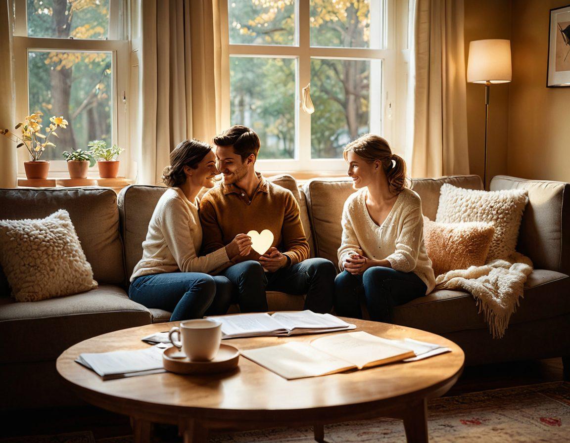 A warm, comforting scene of a couple sitting together in a cozy living room, surrounded by symbols of love like heart-shaped objects, a small dog, and financial documents subtly placed on a coffee table. The couple is holding hands, looking content and secure, with soft light filtering through a window casting a golden glow. In the background, a subtle chart representing insurance plans is visible, blending the themes of love and financial security. cozy atmosphere, warm colors, soft focus.